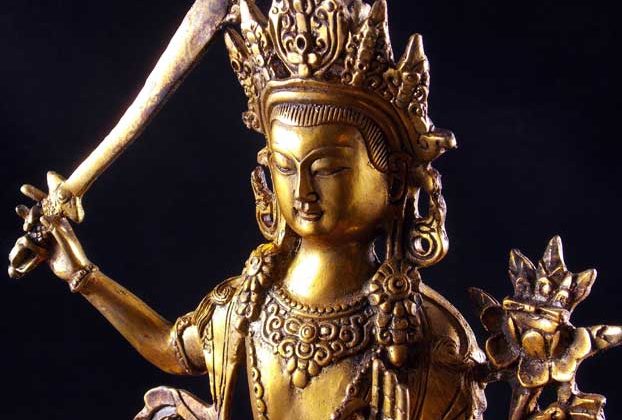 statuette de manjushri en laiton doré