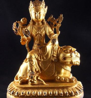 statue chinoise de wenshu pusa en bronze doré