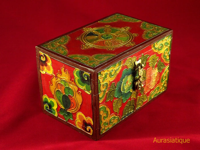 boite tibétaine en bois peinte roue du dharma