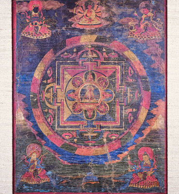 thangka tibétain du mandala d'amitayus avec neuf divinités